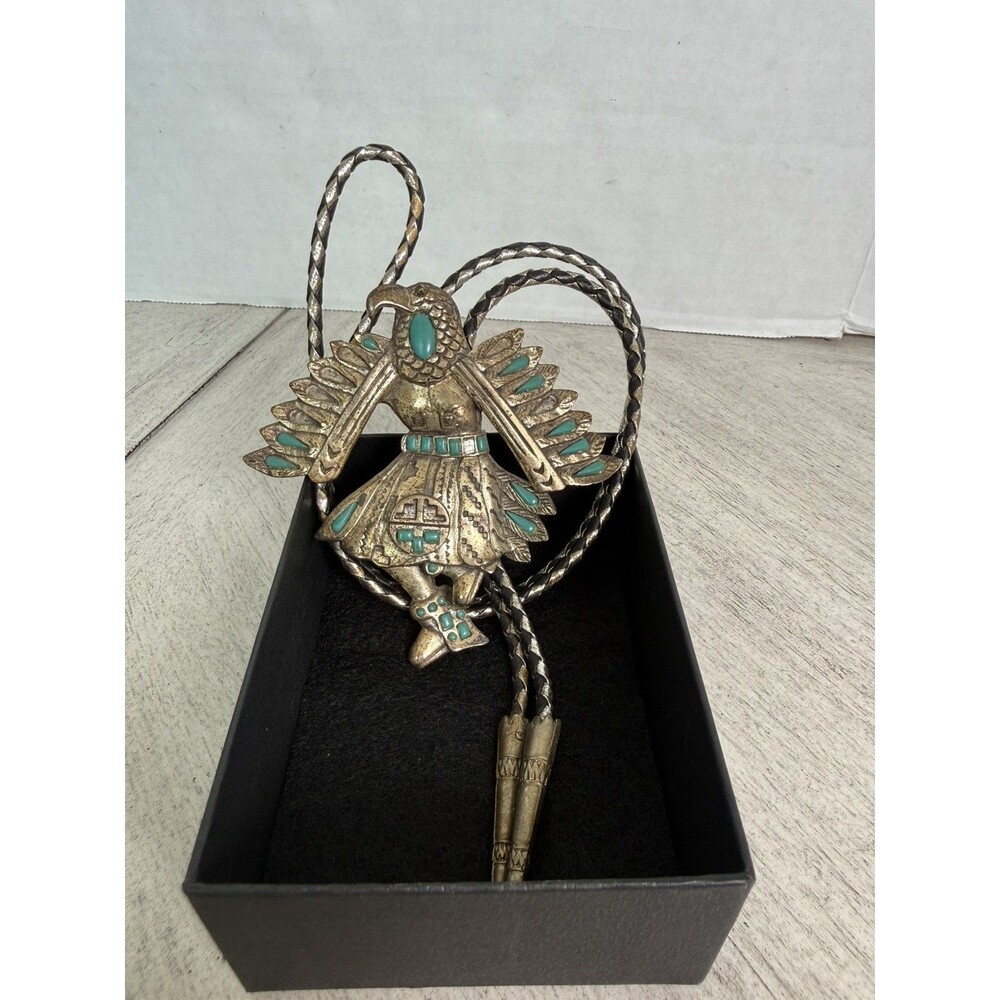 Vintage 1970 Florenta of Calif Thunderbird Bolo Tie Faux Turquoise Southwestern